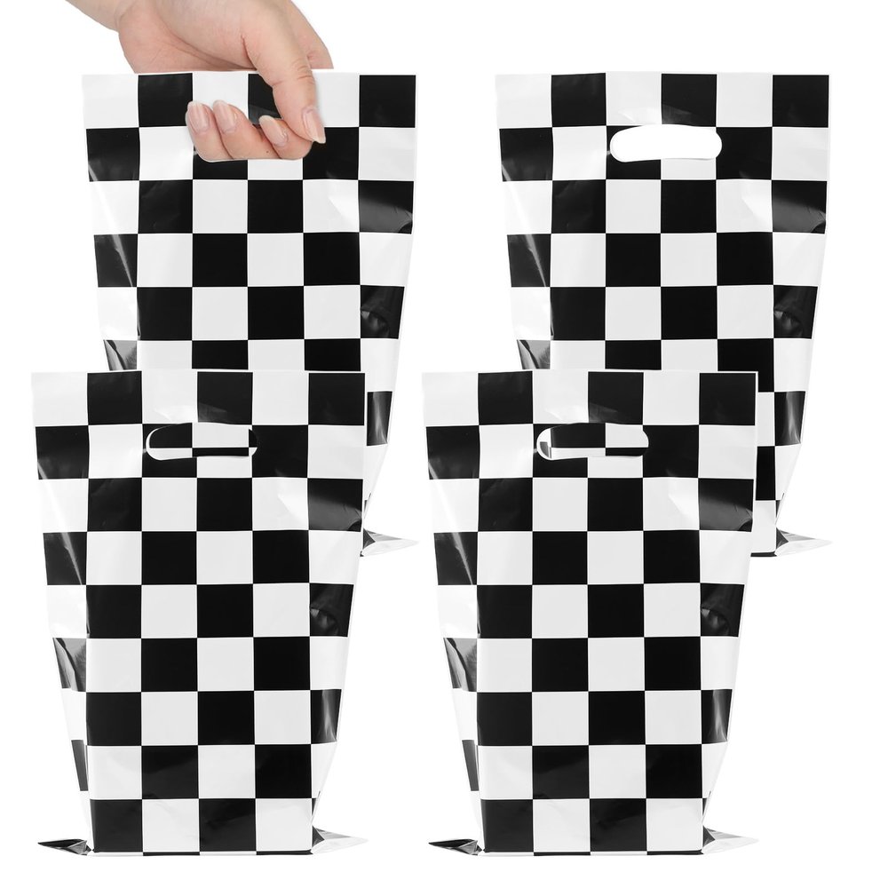 100Pcs Black and White Checkered Race Car Party Favor Bags, Plastic Black and White Checkered Candy Bags with Handles, Racecar Plaid Candy Gift Bags for Fast Race Car Birthday Party Decorations