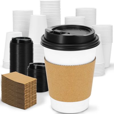 Clawsoff 100 Pack 12 oz Disposable Coffee Cups with Lids and Insulated Sleeves, Leak-free Paper and Sturdy Thick Paper Hot to Go Coffee Cups with Lids for Cold/Hot Beverage (White)
