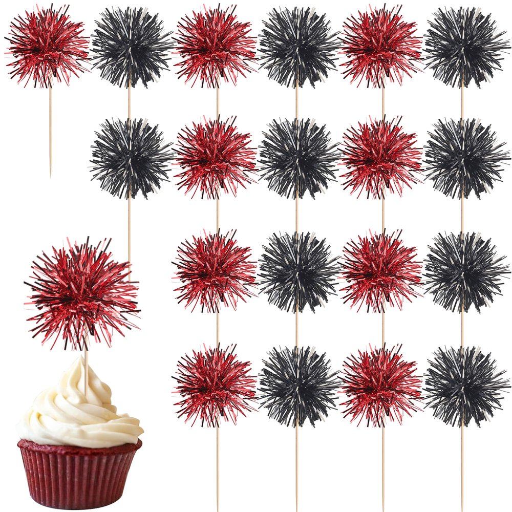 40 Pack Foil Frill Firework Cupcake Toppers Sparkle Tinsel Happy Birthday Holiday Cupcake Picks Drink Stirrers Cocktail Food Fruit Toothpicks for Birthday Cake Decorations Party Black Red