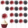 40 Pack Foil Frill Firework Cupcake Toppers Sparkle Tinsel Happy Birthday Holiday Cupcake Picks Drink Stirrers Cocktail Food Fruit Toothpicks for Birthday Cake Decorations Party Black Red view 1