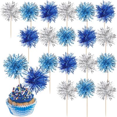 40 Pack Foil Frill Firework Cupcake Toppers Sparkle Tinsel Happy Birthday Holiday Cupcake Picks Drink Stirrers Cocktail Food Fruit Toothpicks for Birthday Cake Decorations Party Blue Silver