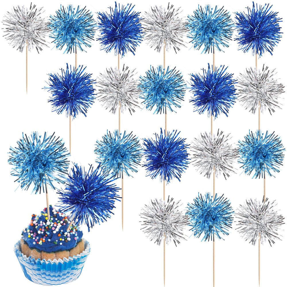 40 Pack Foil Frill Firework Cupcake Toppers Sparkle Tinsel Happy Birthday Holiday Cupcake Picks Drink Stirrers Cocktail Food Fruit Toothpicks for Birthday Cake Decorations Party Blue Silver
