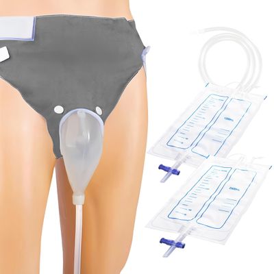 Urine Collection Bag Reusable Wearable Silicone Urine Drainage Device with 2 Bag Systems (Elderly Men, Grey)