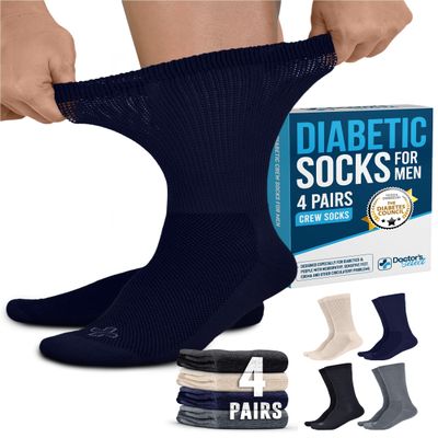 Doctor's Select Diabetic Socks for Men - 4 Pairs Crew Stretch Top Mens Diabetic Socks for Men Size 13-15 | Neuropathy | Black, Gray, Beige, Navy Nvy-4P
