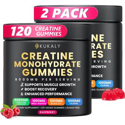 KUKALY Creatine Monohydrate Gummies for Men & Women, 9000MG Creatine Gummies Sugar Free with L-Taurine, BCAA 2:1, B12 B6 for Boost Strength, Focus & Endurance, Vegan, Non-GMO, Raspberry 120*2 Bottle