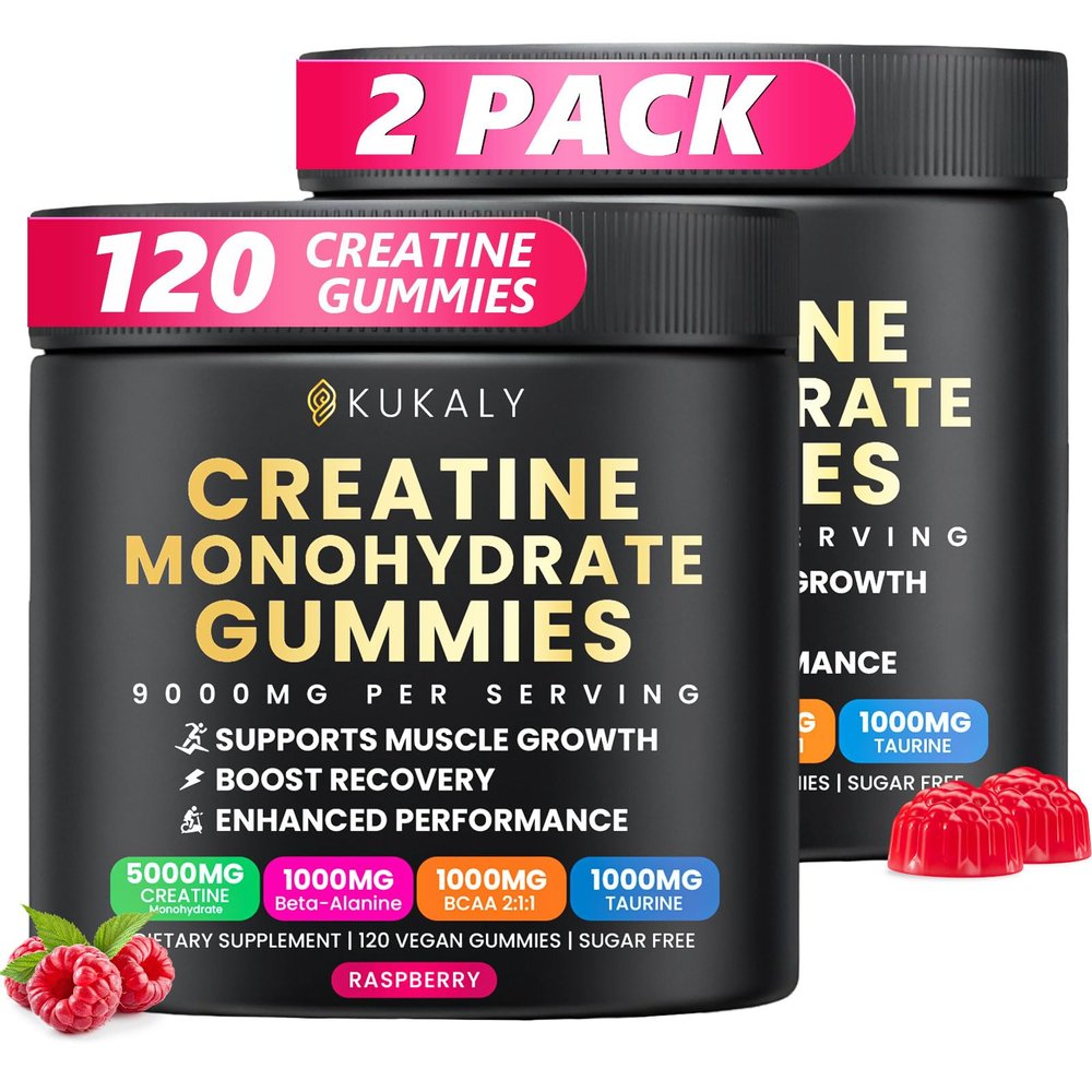 KUKALY Creatine Monohydrate Gummies for Men & Women, 9000MG Creatine Gummies Sugar Free with L-Taurine, BCAA 2:1, B12 B6 for Boost Strength, Focus & Endurance, Vegan, Non-GMO, Raspberry 120*2 Bottle