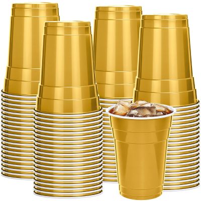 Mimorou Gold 200 Pack 16 oz Plastic Cups Bulk, Disposable Cups for Party Graduation Mardi Gras Wedding Stackable Beverage Drinking Tumbler Heavy Duty for BBQ Birthday Baby Shower