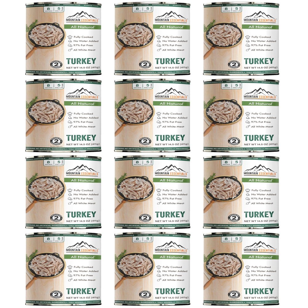MOUNTAIN ESSENTIALS All Natural Canned Turkey 14.5 oz 14g Protein per Serving (8 Servings per Can, 96 Total Servings) Fully Cooked, Ready to Eat Deli White Meat Premium Canned Meat for Daily Meals, Emergency Food Supply, Survival Storage, Campi