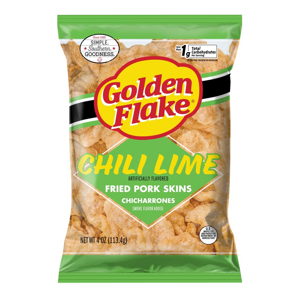Golden Flake Chili Lime Pork Rinds, 4 oz Bags (Pack of 12) Tangy Spicy Pork Skins Gluten-Free, Low Carb, Keto Snack with Bold Southern Flavor