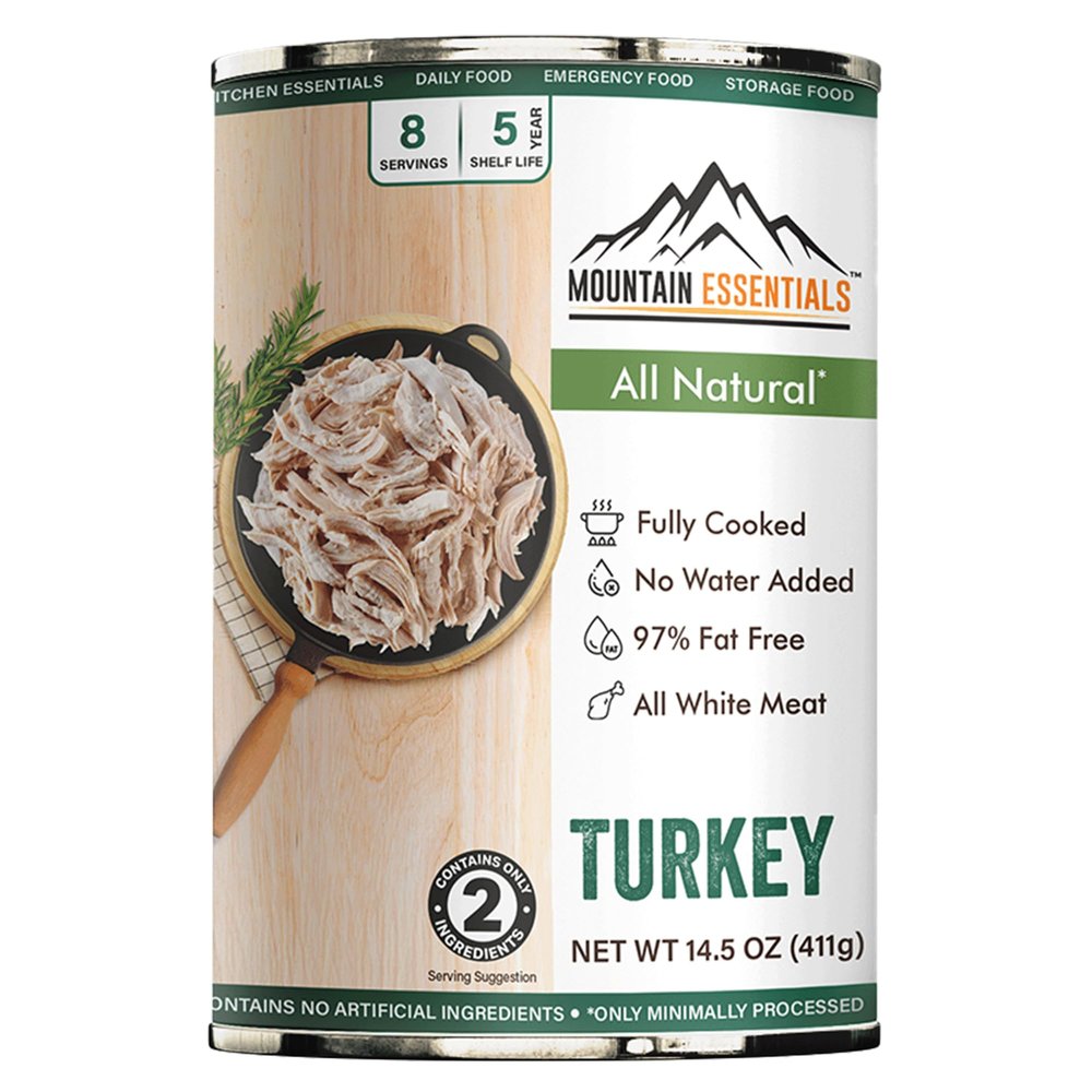 MOUNTAIN ESSENTIALS All Natural Canned Turkey 14.5 oz 14g Protein per Serving (8 Servings per Can) Fully Cooked, Ready to Eat Deli White Meat Premium Canned Meat for Daily Meals, Emergency Food Supply, Survival Storage, Camping & Quick Recipes,