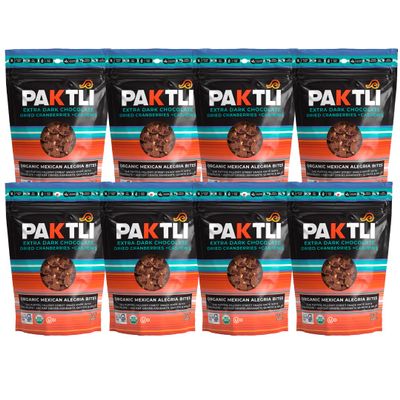 Paktli Organic Alegra Bites 8-Pack Extra Dark Chocolate with Cranberries & Cashews, Eight 2oz Bags, Organic Ancient Grain Snack, Amaranth, Quinoa & Millet, Gluten-Free, Non-GMO, Clean Ingredients