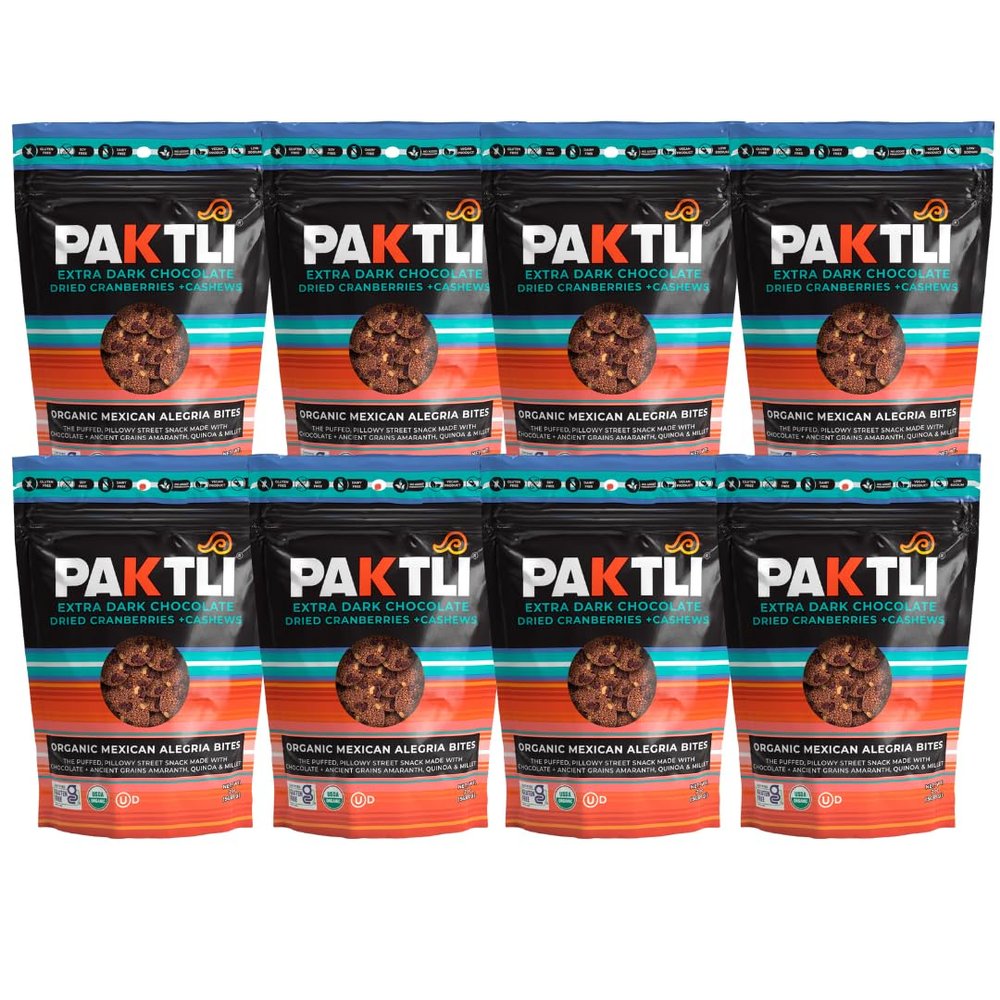 Paktli Organic Alegra Bites 8-Pack Extra Dark Chocolate with Cranberries & Cashews, Eight 2oz Bags, Organic Ancient Grain Snack, Amaranth, Quinoa & Millet, Gluten-Free, Non-GMO, Clean Ingredients