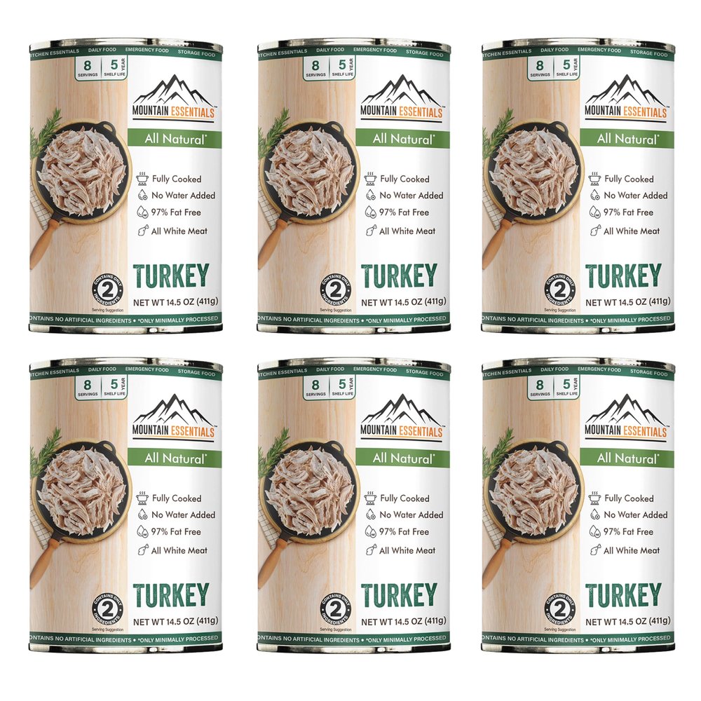 MOUNTAIN ESSENTIALS All Natural Canned Turkey 14.5 oz 14g Protein per Serving (8 Servings per Can, 48 Total Servings) Fully Cooked, Ready to Eat Deli White Meat Premium Canned Meat for Daily Meals, Emergency Food Supply, Survival Storage, Campi