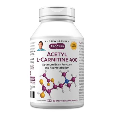 ANDREW LESSMAN Acetyl L-Carnitine 400 mg - 30 Capsules - Support for Nervous System, Fat and Energy Metabolism, Healthy Brain Function, Healthy Blood Flow to The Brain. Easy-to-Swallow Capsules.