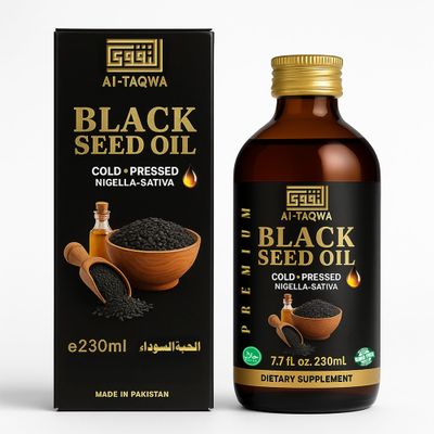 AL-TAQWA Black Seed Oil Extra Virgin Nigella Sativa (Kalonji) Oil for Hair, Skin & Wellness Cold-Pressed, Unrefined, Non-GMO, Vegan, Halal 7.77oz (230ml) Amber Glass Bottle