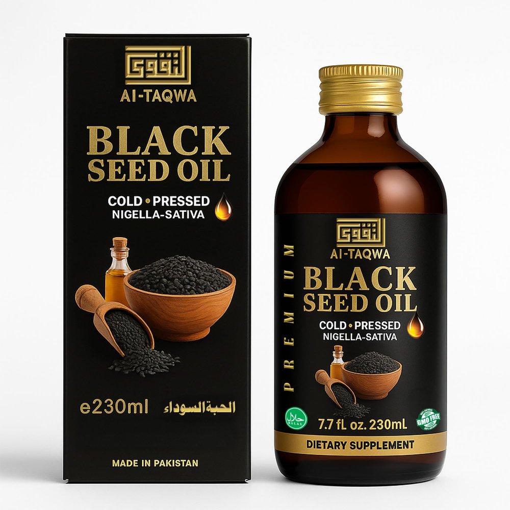AL-TAQWA Black Seed Oil Extra Virgin Nigella Sativa (Kalonji) Oil for Hair, Skin & Wellness Cold-Pressed, Unrefined, Non-GMO, Vegan, Halal 7.77oz (230ml) Amber Glass Bottle