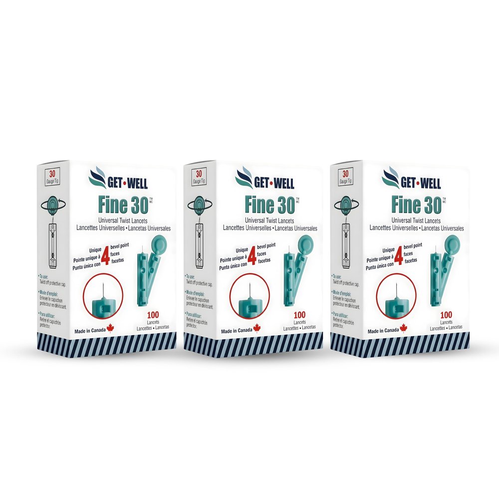 Get Well Fine 30g Universal Twist Lancets, Quad Bevel Tip, 300 Count, Made in Canada