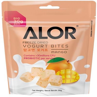 ALOR Freeze-Dried Yogurt Snacks Mango Flavor | Crunchy Yogurt Bites Made from Real Fruit & Yogurt | Packed with >15 million CFU probiotics per serving Gluten-Free, Kosher, and Halal Certified (30 Grams x 4 Packs Mango)
