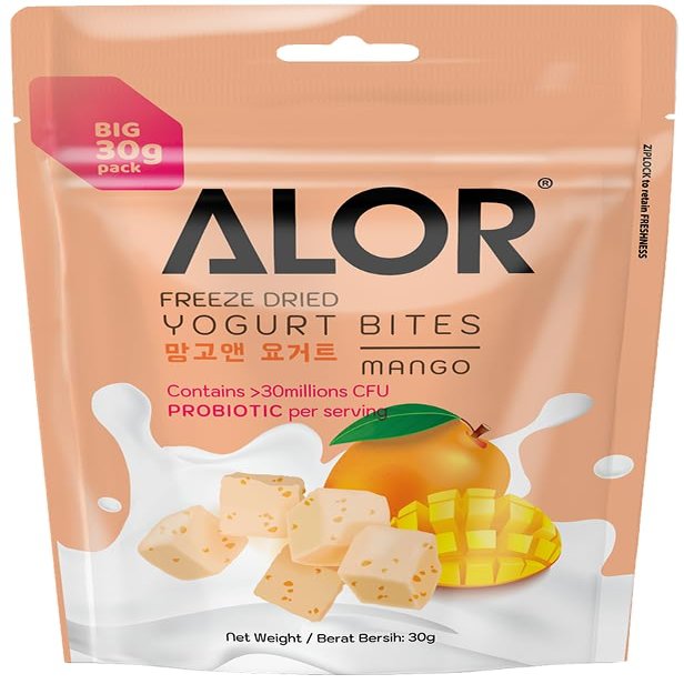 ALOR Freeze-Dried Yogurt Snacks Mango Flavor | Crunchy Yogurt Bites Made from Real Fruit & Yogurt | Packed with >15 million CFU probiotics per serving Gluten-Free, Kosher, and Halal Certified (30 Grams x 4 Packs Mango)