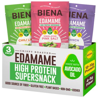 Biena Edamame Beans Snack High Protein Snacks Healthy Office Snacks For Adults and Kids, 13g of Protein, 130 Low Calorie, Crunchy Edamame, Vegan, Low Carb, Gluten-Free, Variety 3 pk