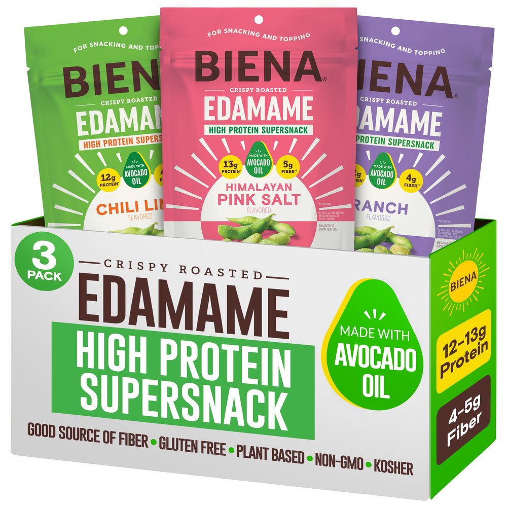 Biena Edamame Beans Snack High Protein Snacks Healthy Office Snacks For Adults and Kids, 13g of Protein, 130 Low Calorie, Crunchy Edamame, Vegan, Low Carb, Gluten-Free, Variety 3 pk
