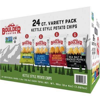 BBoulder Canyon Kettle Style Potato Chips Variety Pack, 24 Count, Assorted 1.5oz. Bags, Olive Oil Classic Sea salt, Hickory BBQ, Sea Salt & Cracked Pepper, Classic Sea salt