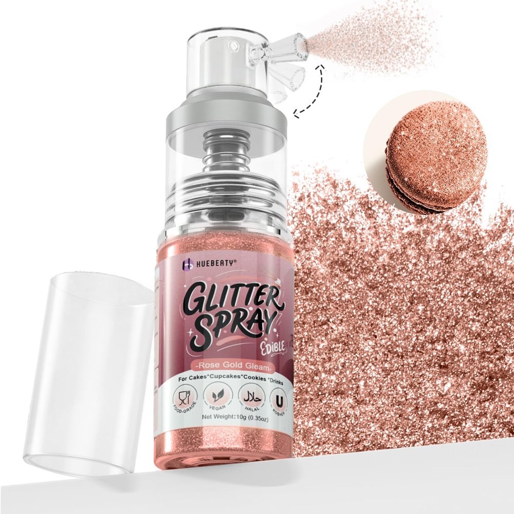 HUEBEATY Rose Gold Edible Glitter Spray for Drinks & Cakes 10g Food Grade Drink Shimmer Spray, Edible Luster Dust for Cocktails, Champagne, Cupcakes, Cookies & Desserts Decorating