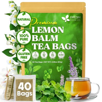 FreshDrinkUS, Lemon Balm Tea Bags | 40 Count |100% Pure Melissa officinalis Naturally Herbal Tea | Caffeine-Free, Premium Quality, Refreshing Flavor, Sustainably Sourced