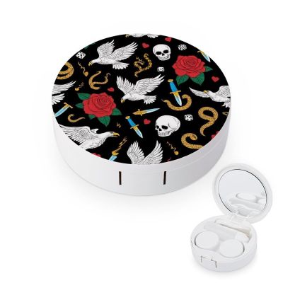 Meaudiwes Makeup Contact Lens Case Leak Proof Contact Lens Box Holder With Mirror Suitable For Daily Makeup Office Travel Outdoor Cool Rock Wild Eagle Red Rose Skull Floral