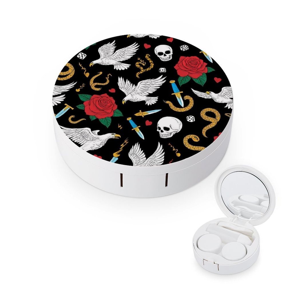 Meaudiwes Makeup Contact Lens Case Leak Proof Contact Lens Box Holder With Mirror Suitable For Daily Makeup Office Travel Outdoor Cool Rock Wild Eagle Red Rose Skull Floral