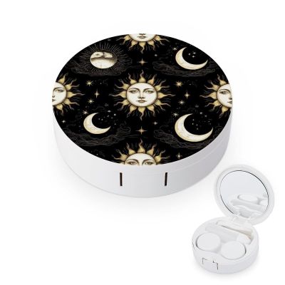 Daily Contact Lens Case Leak Proof Contact Lens Box Holder With Mirror Suitable For Daily Makeup Office Travel Outdoor Mystical Magical Cosmic Astrology Sun Crescent Moon Stars Gold Black Art