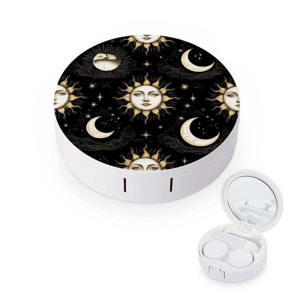 Daily Contact Lens Case Leak Proof Contact Lens Box Holder With Mirror Suitable For Daily Makeup Office Travel Outdoor Mystical Magical Cosmic Astrology Sun Crescent Moon Stars Gold Black Art