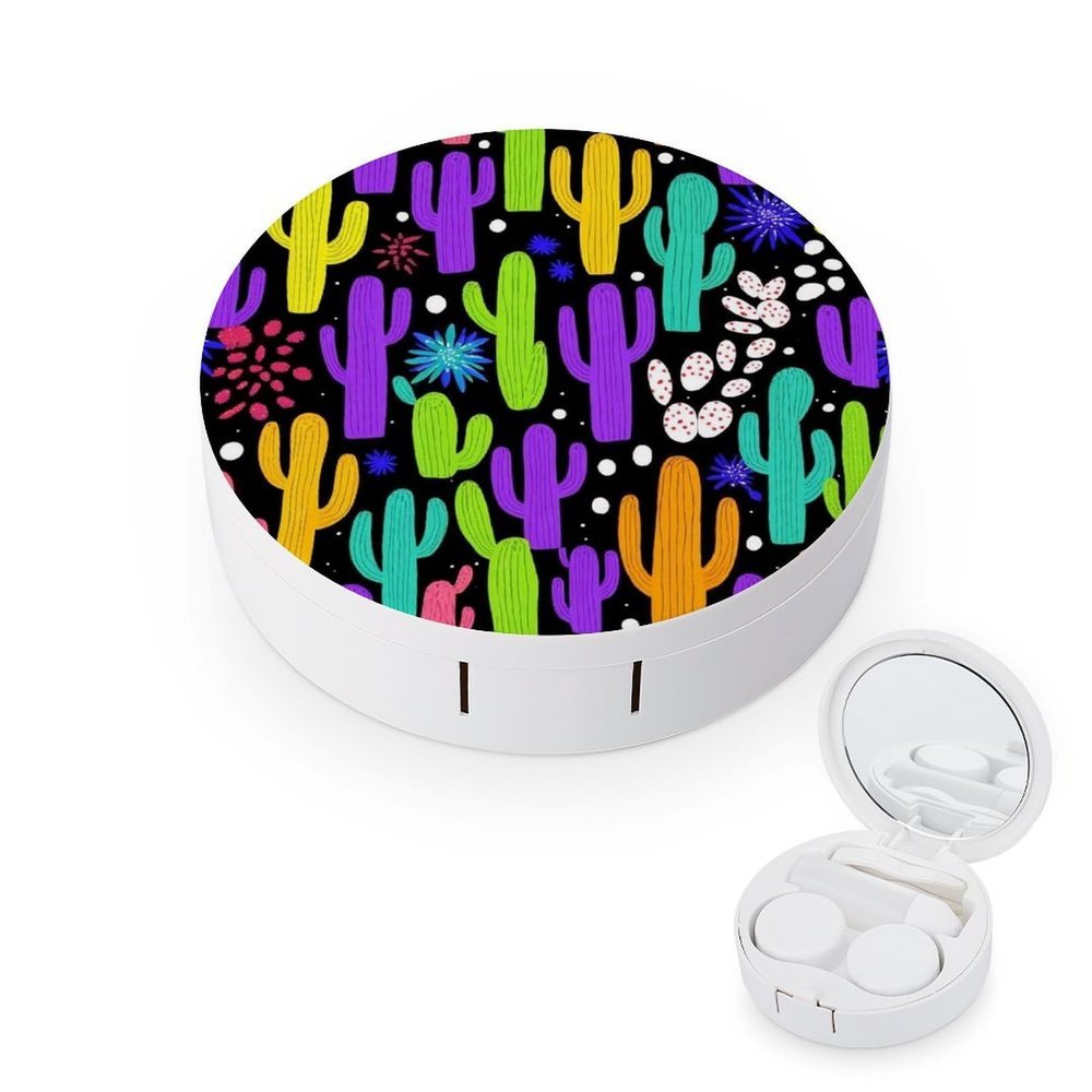Meaudiwes Fashion Contact Lens Case Kit With Mirror Portable Soak Storage Kit Suitable For Daily Makeup Office Travel Outdoor Trippy Cactus