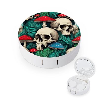 Cute Contact Lens Case Kit With Mirror Portable Soak Storage Kit Suitable For Daily Makeup Office Travel Outdoor Green Leaf Trippy Mushroom Eye Skull