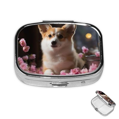 Pill Box 2 Compartment Metal Medicine Pill Organizer Corgi Dog on The Table Pill Case for Purse or Pocket Cute Mini Portable Pill Holder Travel Pill Container to Hold Supplements, Vitamins, Fish Oil