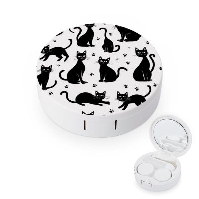 Meaudiwes Fashion Contact Lens Case Kit With Mirror Portable Soak Storage Kit Suitable For Daily Makeup Office Travel Outdoor Funny Black Cats