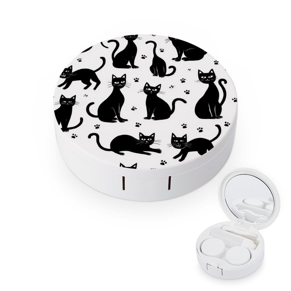 Meaudiwes Fashion Contact Lens Case Kit With Mirror Portable Soak Storage Kit Suitable For Daily Makeup Office Travel Outdoor Funny Black Cats