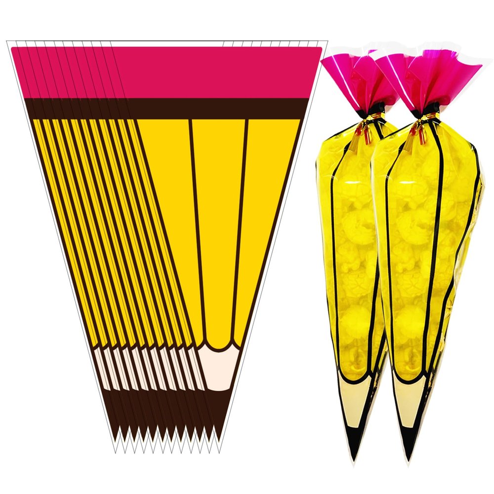 100Pcs Back to School Pencil Cellophane Treat Bags Treat Bags with Equals Twist Ties Funny Shaped Candy Cute Yellow Goodie Plastic Bulk Cellophane Snack Gift Bags for First Day School Party