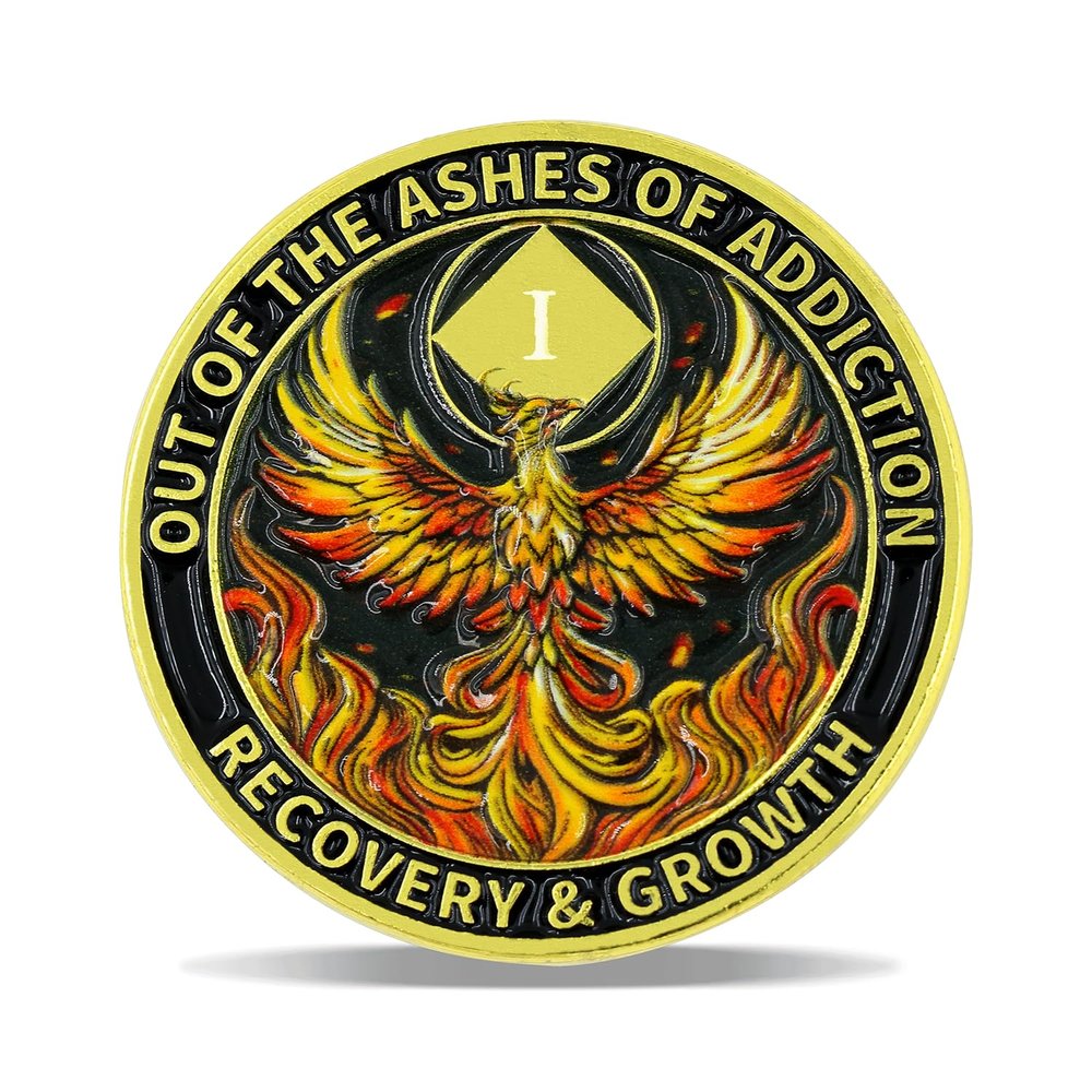 1 Year Phoenix Sobriety Coin Rebirth in Flames Recovery Medallion NA AA Spiritual Token for Clean Time & Strength Gift for Men & Women