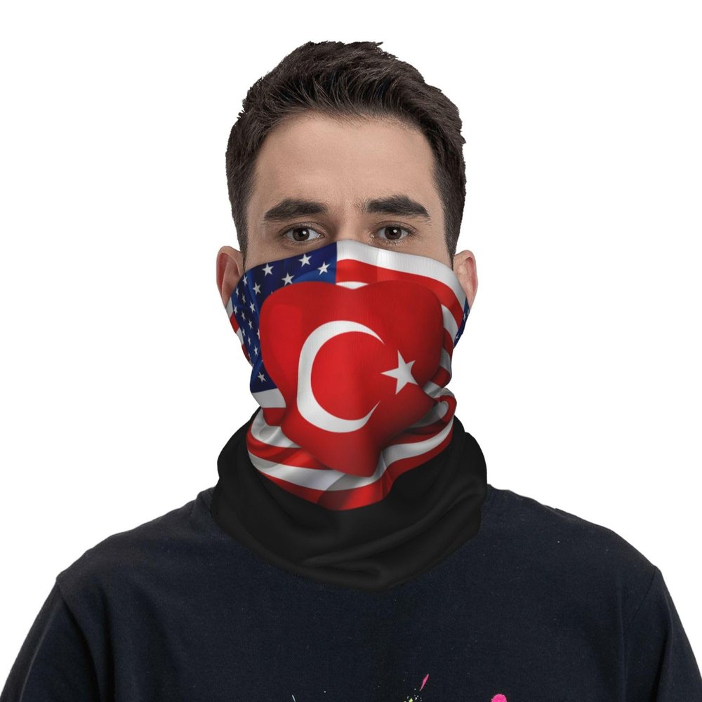 Turkey Turks American Flag Neck Gaiter Balaclava Face Mask for Men Women Patriotic Design Seamless Bandana Cover Scarf Headwear Headband Head Wrap White