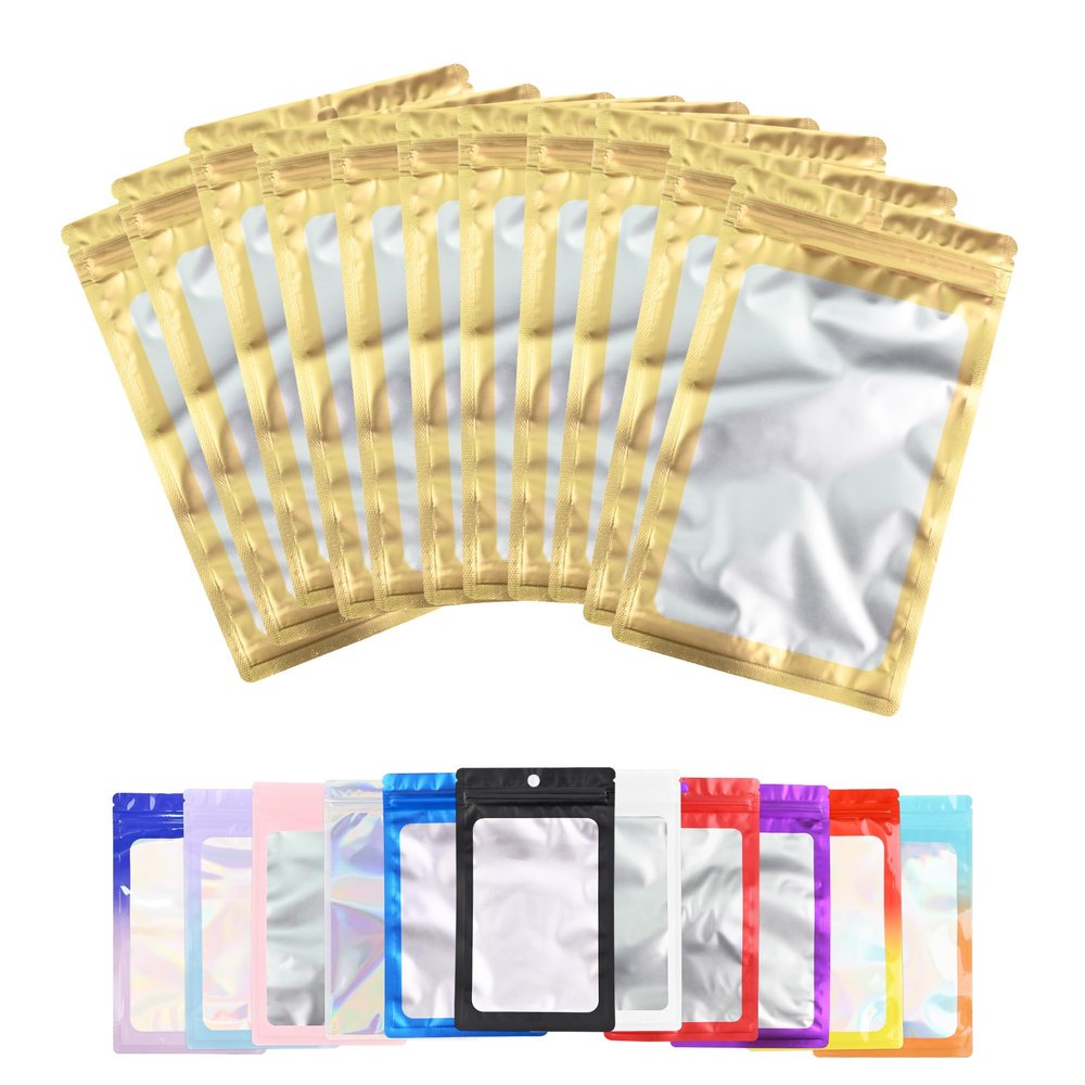 100 Pack Resealable Plastic Bags for Food Storage, Zipper Bags with Clear Front Window, Packaging Pouch for Small Business (Gold, 4.7x7.9 inch)