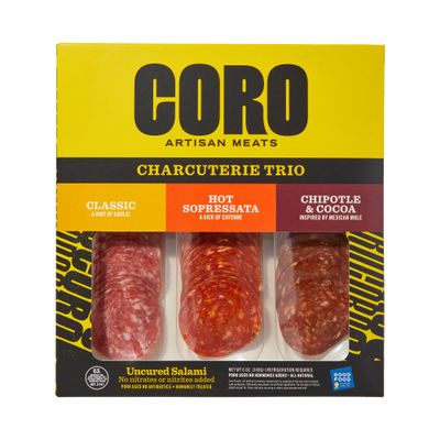 Coro Charcuterie Trio Salami Sampler | Classic Garlic & Ginger, Hot Sopressata Salami, Cocoa & Chipotle (2oz Each) | Perfect for Characuterie Board, Sandwiches, Snacking | All Natural, Gluten-Free