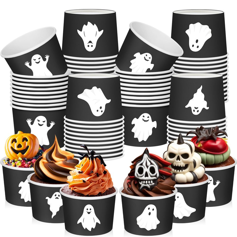 CHENGU 60 Pcs Halloween Snack Cups 9 oz Disposable Ghost Paper Ice Cream Bowls Decorative Spooky Boo Dessert Treat Bowls for Yogurt Soup Hot or Cold Food Halloween Party Supplies (Fun Ghost)