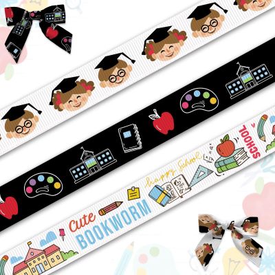 Blinket 3/5" Back to School Ribbon for Wrapping Gift15 Yard, Pencil Apple Bookworm Ribbon for Kindergarten Decor Grosgrain Craft Ribbons for Back to School Party Hair Bows Gift Wrapping DIY Supplies