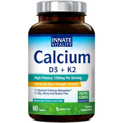 Innate Vitality Calcium Supplement, 1200 mg High Potency with 5000 IU Vitamin D3 & K2 MK7, Enhanced Absorption, for Bone Density, Strength & Immunity, Non-GMO, Easy to Swallow, 60 Tablets