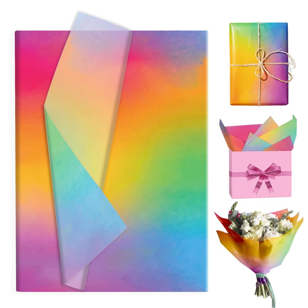 50 Sheets Rainbow Gradient Tissue Paper, 14 x 20 Inch Gift Wrapping Papers Bouquet Flower Candy Packing Papers Bulk for Birthday Party Favor Baby Shower Holiday DIY Crafts Boxes Art Decoration