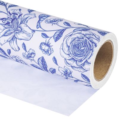 WRAPAHOLIC Kraft Blue and White Floral Wrapping Paper Roll - Mini Roll - 17 Inch x 9.8 Feet - Vintage Toile Blue Floral Paper for Birthday, Bridal Shower, Wedding, Baby Shower