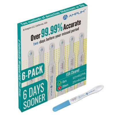 Amplim Early Detection Pregnancy Test, 6 Count, 99.99% Accurate, 10mIU/mL Ultra Sensitive HCG Test Sticks, Detects 6 Days Before Missed Period, Easy Midstream or Dip Test for Home Clinic, Travel