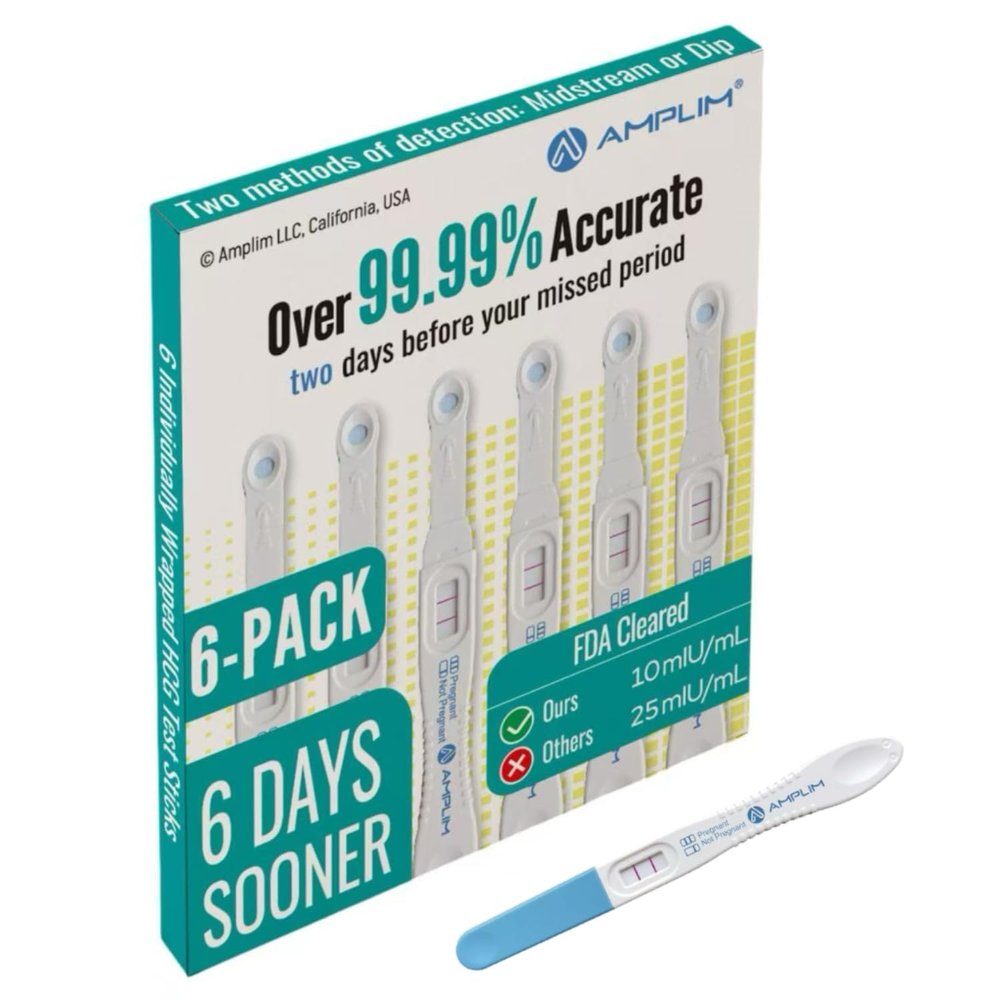 Amplim Early Detection Pregnancy Test, 6 Count, 99.99% Accurate, 10mIU/mL Ultra Sensitive HCG Test Sticks, Detects 6 Days Before Missed Period, Easy Midstream or Dip Test for Home Clinic, Travel