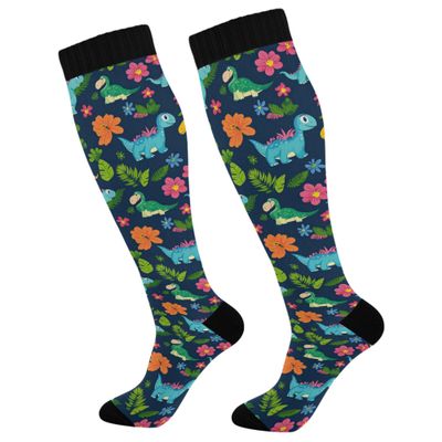KLL Mens Compression Socks Compression Sock 15-20 mmHg for Nurses, Pregnancy, Flying, Running,Travel Dinosaurs Tropical Leaves Flower